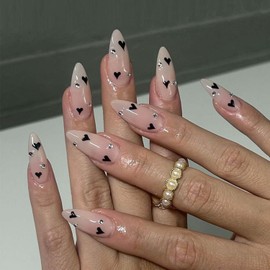 Almond Press on Nails Medium Length Fake Nails Glossy Nude Solid Color Acrylic Nails Black Heart Designs Glue on Nails Rhinestone Full Cover Artificial False Nails Almond Stick On Nails for Women