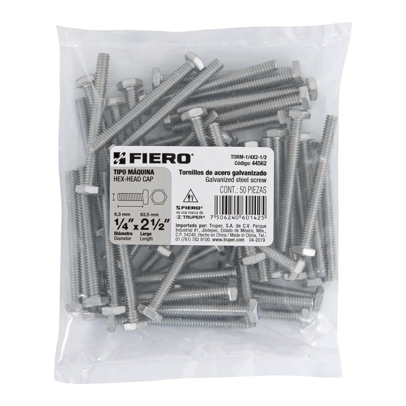 Fiero TORM-1/4X2-1/2, Tornillo tipo máquina, 1/4 x 2-1/2", bolsa con