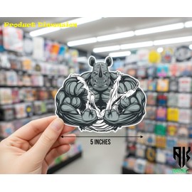 AK- Intense Aggressive Agitated Buff Muscular Body Builder Rhino Cartoon Vinyl Decal Sticker 5"