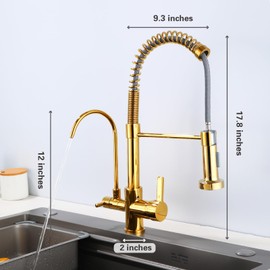 3-in-1 Brushed Nickel Kitchen Sink Faucet with Pull-Out Sprayer | Reverse Osmosis & Water Filter Compatible | Solid Brass Spring Drinking Water,Dual Handle RO Faucet for Sink (Gold)