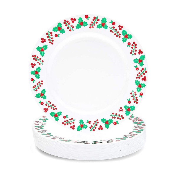 Juvale 24 Pack Reusable Plastic Christmas Plates, Mistletoe and Holly Berry Design for Holiday Party Supplies (9 In)