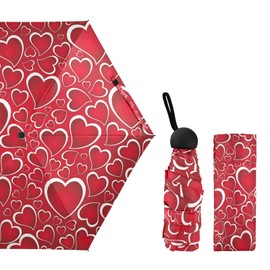 Valentine's Day Red Hearts Texture Seamless on White Small Mini Anti-UV Compact Travel Umbrella, 5 Folding Ultra-Light Umbrella, 6 Ribs Pocket Windproof Foldable Vinyl Parasol