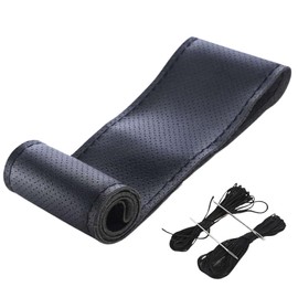 sakurawing Steering Wheel Cover, Car Anti-slip Grip, Leather, Sports Protector, Light Truck, Braided Punching, 38cm, Black