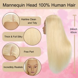 Mannequin Head Human Hair 24" 100% Human Hair Mannequin Head，Cosmetology Mannequin Head Doll Head for Hair Styling Hairdresser Manikin Head with Free Clamp Holder(Platinum Blonde)