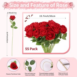 55 PCS Fake Roses Artificial Flowers Bulk, Red Roses Bridal Bouquet Silk Faux Rose with Stems for Wedding Flowers Decoration, Valentine's Day, Bridal Bouquet, Anniversary,Home Decor (55PCS, Red)