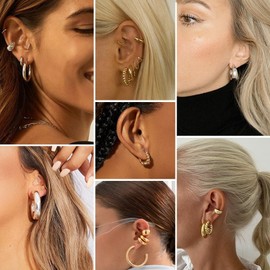 Krfy Gold Chunky Hoop Earrings Set for Women - 14K Gold Plated Twisted Huggie Hoop Earring Hypoallergenic Thick Open Lightweight Chunky Hoop Earrings Jewelry