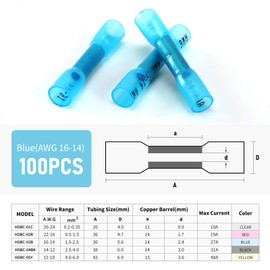 Heat Shrink Butt Wire Connectors, 100Pcs 16-14 AWG Blue Insulated Waterproof Electrical Wire Connectors Automotive Marine Grade Wire Crimp Terminals Butt Splices, Ideal for Boat, Truck, Stereo Blue