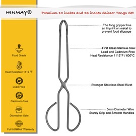 HINMAY 10" 13" Stainless Steel Kitchen Tongs, Heavy Duty Non-Slip Comfortable Grip Metal Scissor Tongs for Cooking, Grilling & Serving, Set of 2