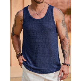 VOGSTART Men Hollow Out Tank Net Tops Summer Vest Solid Color Trendy Mesh Breathable Casual Tanktops Navy XL