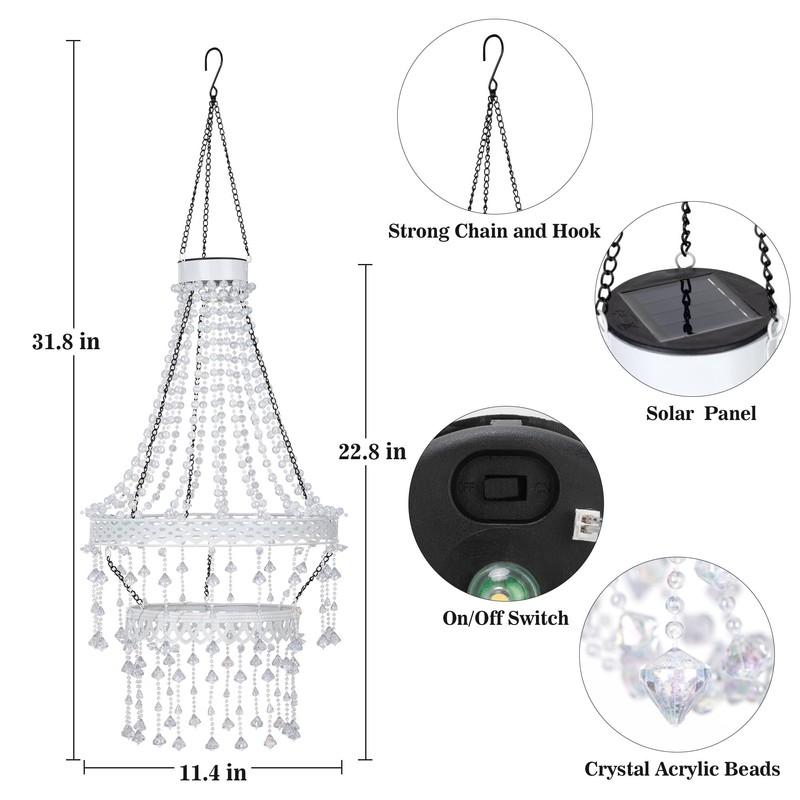 Hanging Solar Light Lantern Outdoor with Warm Crystal Chandelier Double