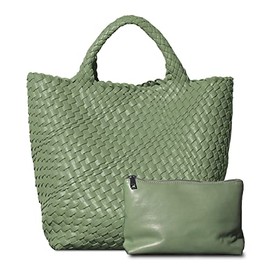 Dyalsa Woven Bag for Women, Vegan Leather Tote Bag Large Summer Beach Handbag and Purse Retro Handmade Travel Shoulder Bag Set (Cave Green)