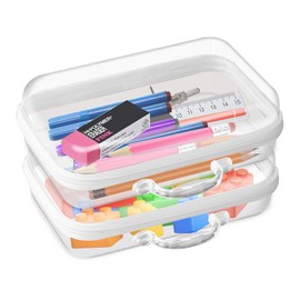 QAVABIN Clear Hard Zipper Pouch, Hard Shell Plastic Organizer Box with Handle, Bliss Zippered Blocks Storage Bins, Hard PVC Cosmetic Travel Bag for Kids Organizing, 8.27x5.12x2.36in, 2Pc