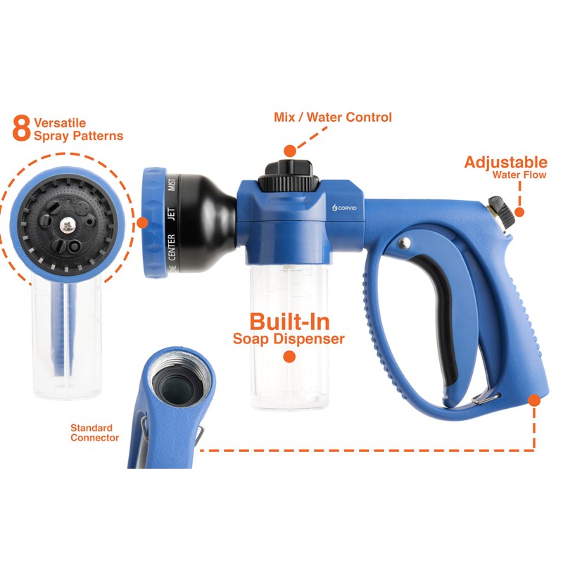 Corvid Adjustable Nozzle with Soap Dispenser, 8-Pattern Spray Hose Nozzle