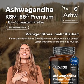Ashwagandha Capsules High Dose - 600 mg Ashwagandha KSM-66 - High Bioavailability - With Black Pepper - 5% Withanolide - For Balance, Energy and Clarity - 120 Vegan Capsules Laboratory Tested