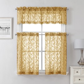Lecloud Leia Sheer Dark Gold Window Curtains for Kitchen 14 Inch Length 2 PCS, Dual Rod Pockets Window Living Room Curtain Valance, Jacquard Clip Textured Leaf Short Bedroom Drapes, 40 W x 14 L