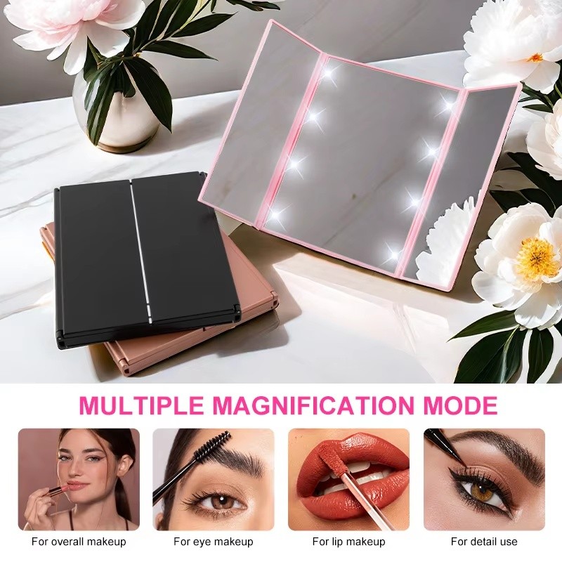 LED Makeup Mirror for Beauty Routines – Three-Sided Folding Vanity