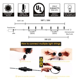 kemooie 300 LED Christmas Lights, 99FT Connective Green Wire Fairy Lights, Plug in 8 Lighting Modes, for Outdoor Christmas Tree Lights Wedding Party Decoration (Multicolor)