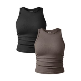 OQQ Women's 2 Piece Tank Tops Crew Neck Sleeveless Basic Stretch Casusal Yoga Crop Camis Black Tea Leaf