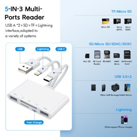 5-in-3 SD TF Card Reader for iPhoone/iPaad/Android/Mac Book/Computer/Tablet/Camera, USB OTG adapter USB C and USB A devices with Micro SD & SD Card Slots, Supports SD/Micro SD/SDHC/SDXC/MMC