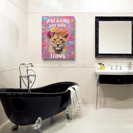 Ooeiiiy Cute Pink Lion Wall Decor - Just Girl Loves Lion Picture Poster - Modern Prints Painting Framed Artwork For Bathroom, Toilet, Office, Bedroom - 12''X16''
