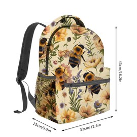 MIEPOS Retro Bee Backpack,Wildflower Cream Polyester Backpacks,Lightweight Double Shoulder Back Pack for Girls Women,Vintage Nature Bookbag,School Bag Gifts,Casual Travel Daypack Book Packs