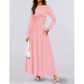 ZESICA Women's Long Sleeve Fall Maxi Dress 2025 Crewneck Knit Casual Slim Swing Pleated Dresses with Pockets,Pink,Medium
