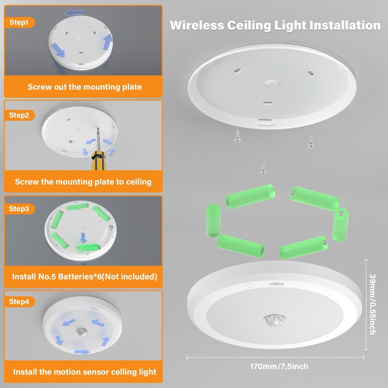Battery Operated Motion Sensor Ceiling Light with Remote, 3 Color,