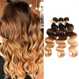 HeioWuio T1B/4/27 Body Wave Human Hair 3 Bundles Hair Extensions For Women Three Tone Hair Bundle Brown to Honey Blonde Color Hair Weaves 8 10 12 Inch