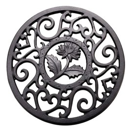 11.5CM Round Cast Iron Trivet Tea Pot Carved Stand, Delicate Vintage Pattern Heat-Insulation Ironwork Mat Non Slip Metal Coasters with Peg Feet Protect Desktop Table Kitchen Dining Decor Gift (Black)