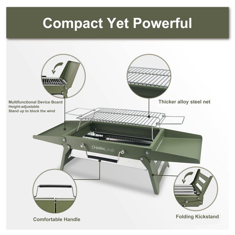 Charmline 14x9inch Desktop Charcoal Grill, Liftable Grilling Net, Saving Space