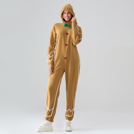 LYSINK Christmas Adults Kids Gingerbread Man One Piece Costume Hooded Long Sleeve Buttons Bow Party Cosplay Jumpsuit (Ba Ginger women, M)