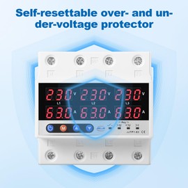 Jadeshay 3 Phase DIN Rails Voltmeter Ammeter Electricity Meter DIN Rail AC220V 63A Adjustable Surge and Undervoltage Current Protection Relay for Home Protection