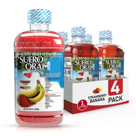 Suero Oral Electrolyte Solution - Electrolytes Drink, Hydration Booster & Rehydration Drink for Kids & Adults, Hydrates, Replenishes, Energizes, Strawberry Banana Flavor, 1 Liter (4 Pack)