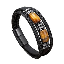 APMGONT Men's Tiger's Eye Leather Bracelet, Tiger's Eye Multilayer Braided Leather Bracelet, Braided Tiger's Eye Leather Bracelet with Magnetic Clasp, Tiger's Eye Leather Strap, Gift for Men, Faux