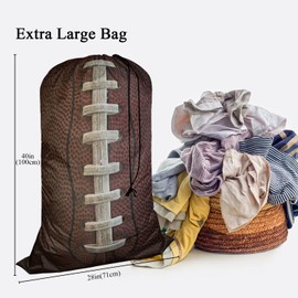 Swono American Football Laces Laundry Bag Large Heavy Duty Laundry Backpack with Adjustable Drawstring Closure Stitch Soccer Sports Laundry Hamper for Traveling Dirty Clothes Organizer, Brown