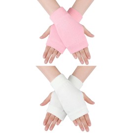 Blulu Fingerless Warm Gloves with Thumb Hole Cozy Half Fingerless Driving Gloves Knit Mittens for Men, Women (Pink, White)
