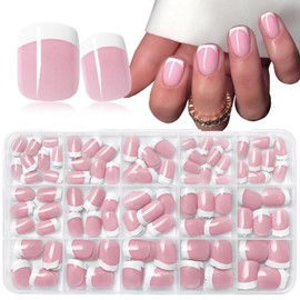 240pc White French Tips Press on Nails Square Fake Nails Kit, Extra Short Nails Press ons French Tip Acrylic Nails Pink Glue ons Nails Short Stick on Nails Women Artificial False Fingernail with Tabs