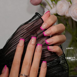 KQueenest Hot Pink French Tip Press On Nails Short Square, 30 Pcs Acrylic Press On Nails With Glue, Natural Nude Short Fake Nails Press ons, Reusable Glossy Soft Gel Glue on Nails for Women Summer
