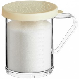 2-Pack 10 oz Polycarbonate Spice Shakers with Beige Lids, Durable Plastic Shaker Set with Measurements & Secure Handle for Finely Ground Spices, Seasonings, & Powder, 2 mm Perforated Lid (2)