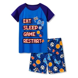 Beezizac Pajamas for Boys Fun Blue Gamer Short Sleeve 2-Piece PJ Set Kid Comfy Sleepwear Size 16