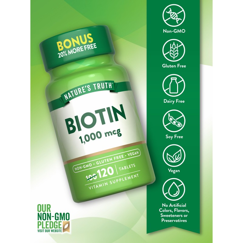 Nature's Truth Biotin 1000mcg | 120 Tablets | Vegan, Non-GMO,