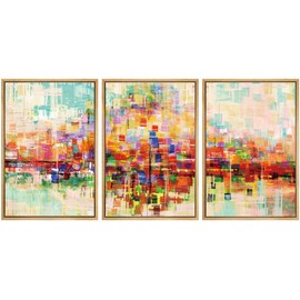 SIGNWIN Framed Canvas Wall Art Bright neon Color Buildings Block with Reflection Places Cityscape Oil Painting Abstract Modern Panoramic Colorful for Living Room, Bedroom, Office - 24"x36"x3 Natural