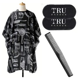 4pcs Professional Hair Cutting Cape Set, Adjustable Snap Salon Barber Cape For Adults, Including Salon Stickers Hair Holder Grips, Hair Styling Comb, Barber Accessories