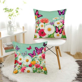 Easternproject Spring Floral Butterfly Pillow Covers Set of 4 18x18 Inch Wildflowers Plants Butterfly Daisy Flower Throw Pillow Cases Rustic Farmhouse Decoration Cushion Cover for Sofa Couch