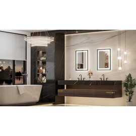 Keonjinn 20 x 28 Inch Small LED Mirror with Frontlit & Backlit, Black Lighted Bathroom Mirror, Tempered Glass, UL Listed Power Driver, Metal Framed Beveled Edge, 3 Color Lights, Anti-Fog, Dimmable