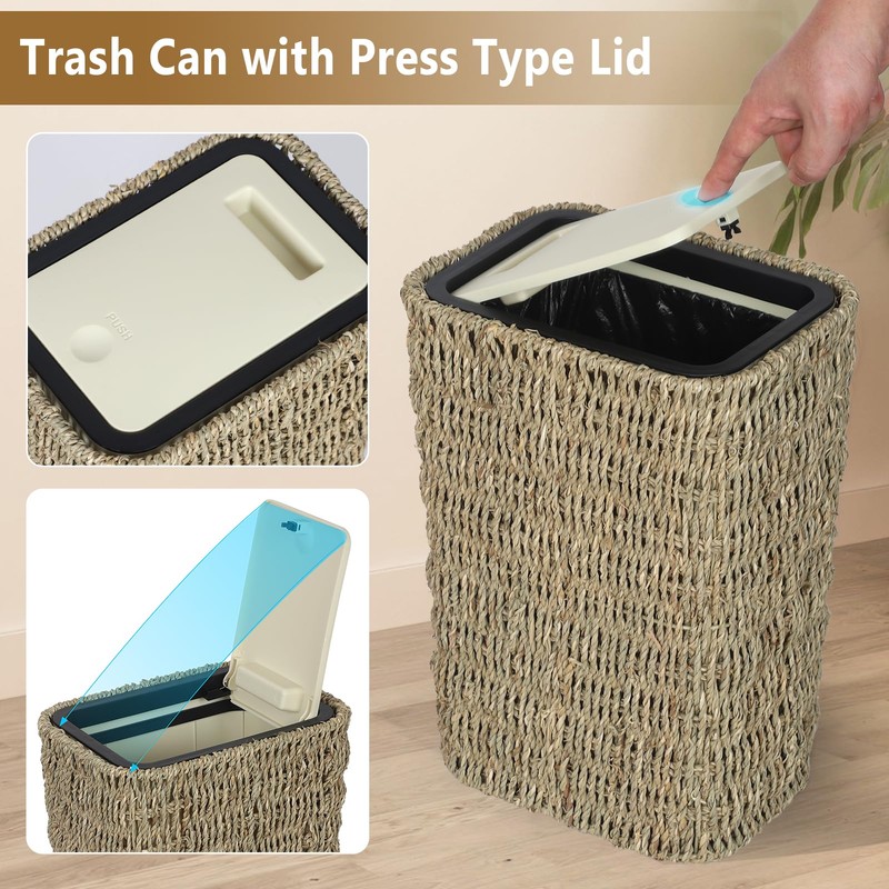 Trongee Boho Trash Can with Lid,3 Gallon Small Rattan Trash