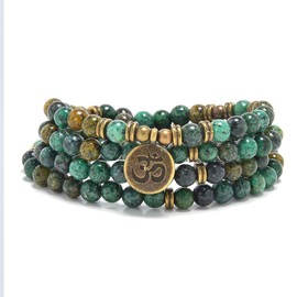 108 Mala Beads Bracelet with om Charm – Healing Stone Meditation Bracelet for Yoga & Prayer, 6mm Beads, Handmade, Gold-Plated OM Charm, One Size, Stone, no gemstone