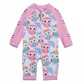 BONVERANO Baby Girl One-Piece Swimsuits Full Front Zip Sunsuit UPF50+ Sun Protection Long Sleeve with Swim Cap(PINKOWL,18-24 Months)