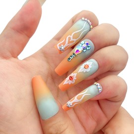 NGMATY Press On Nails Long Square Diamonds Gradient Cubic Camellia Orange Green Gradient White Edge Flame Pattern Fake Nails 12 Sizes 24 Pcs Gel False Nail Set