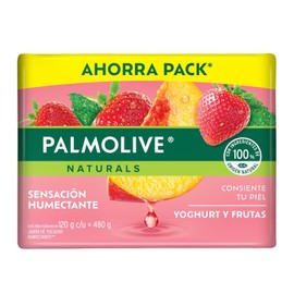 Palmolive Jabón de Baño Naturals Yoghurt y Frutas en Barra 4 x 120 g. Fórmula Infusionada con Ingredientes 100% de Origen Natural que Dejan una Sensación Humectante. Fabricado Responsablemente